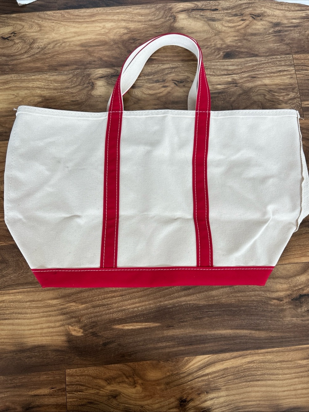 L.L. Bean White Canvas Tote with Red Trim Extra Large Zippered Top USA